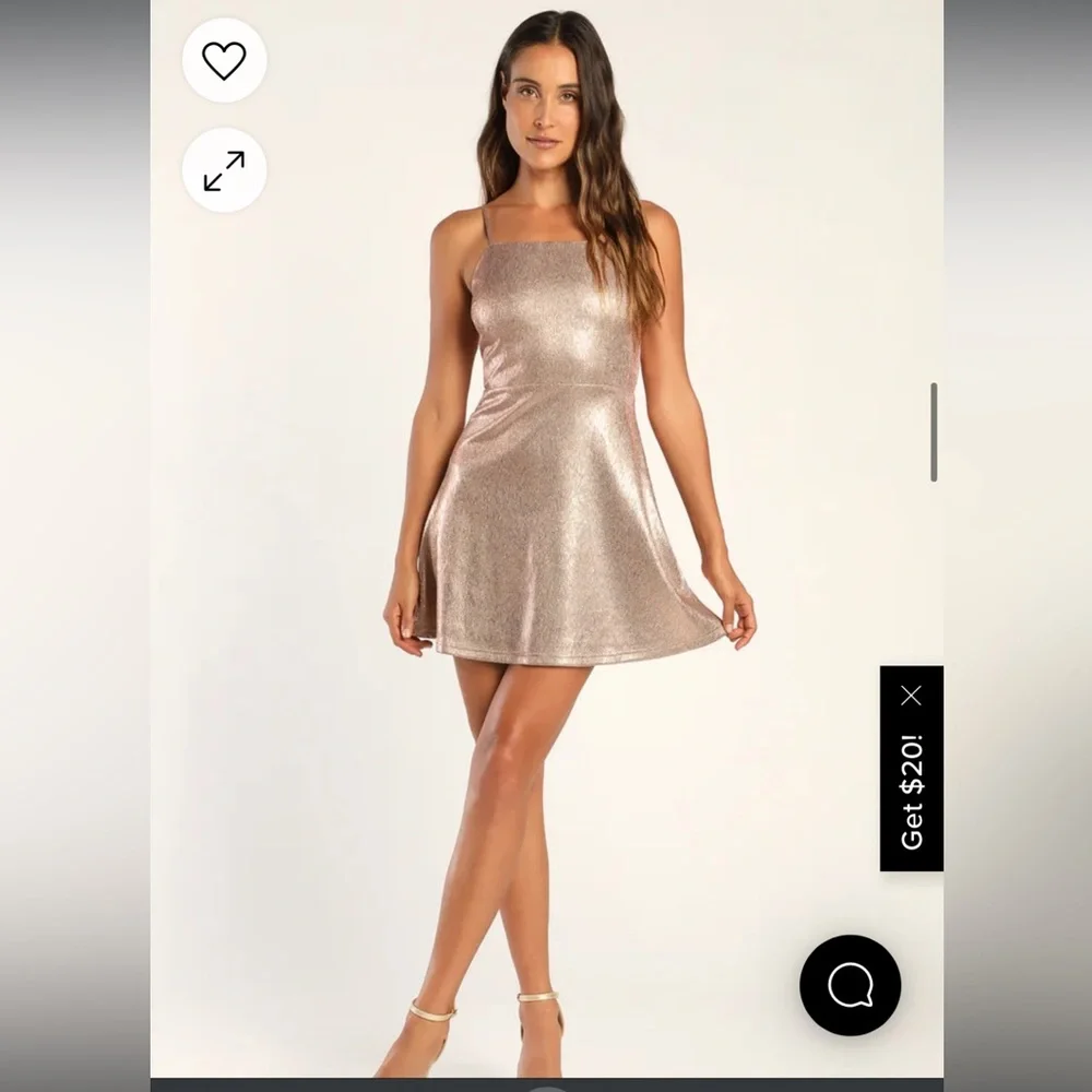 LULU’S- Gorgeously Glowing Shiny Rose Gold Mini Skater Dress - NWT - Picture 4 of 15